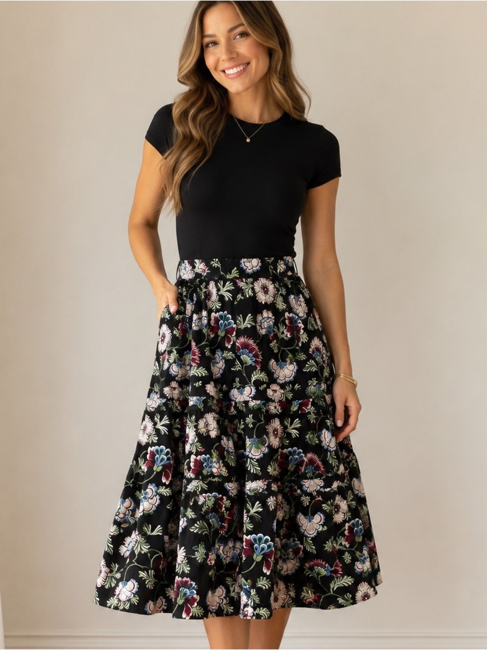 NWT Crown & Ivy Floral Tiered Midi Skirt Black Botanical Print | 100% Cotton